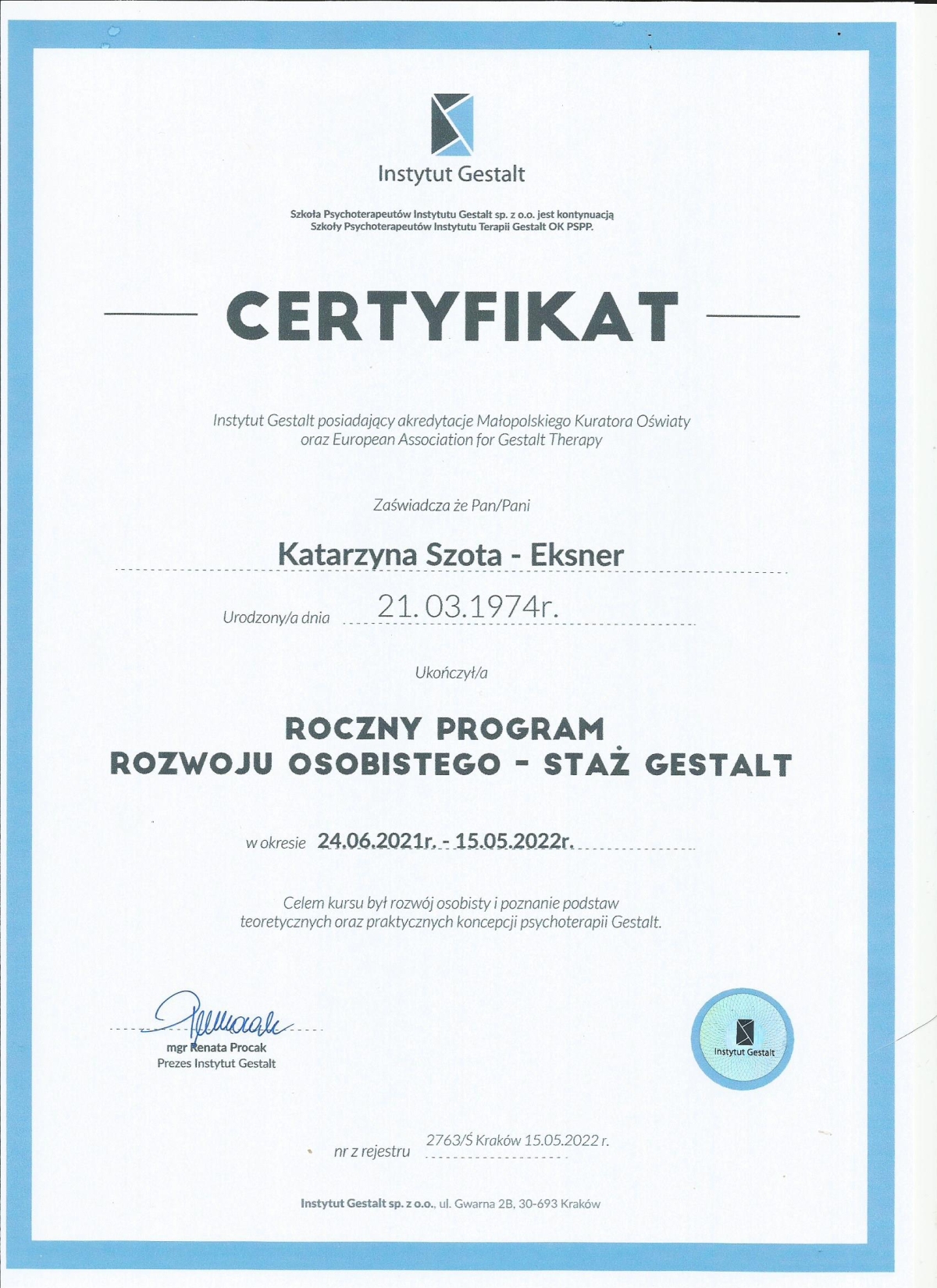 Roczny program rozwoju osobistego Gestalt