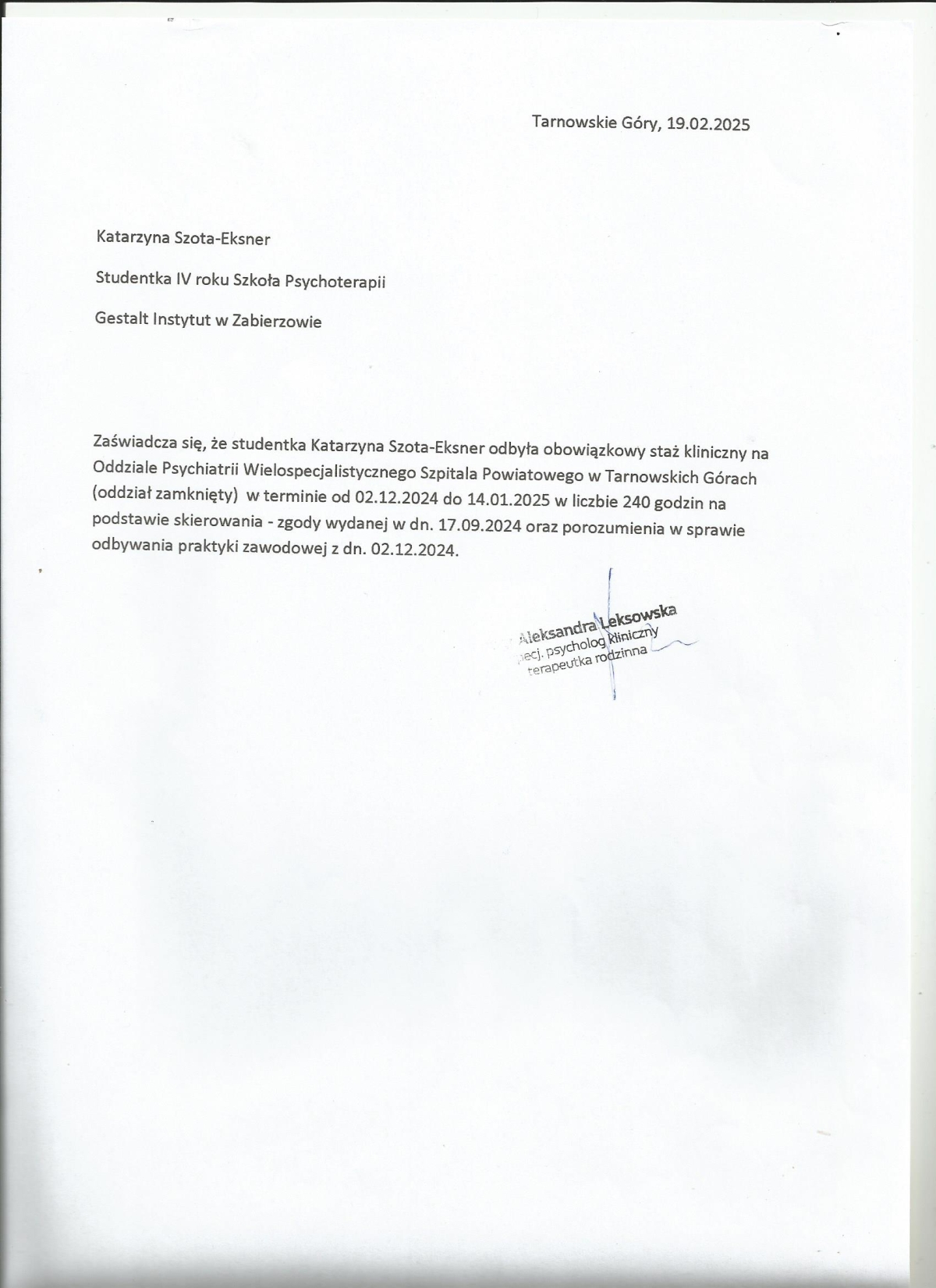 Staż kliniczny na odziale zamkniętym w Szpitalu w Tarnowskich Górach 